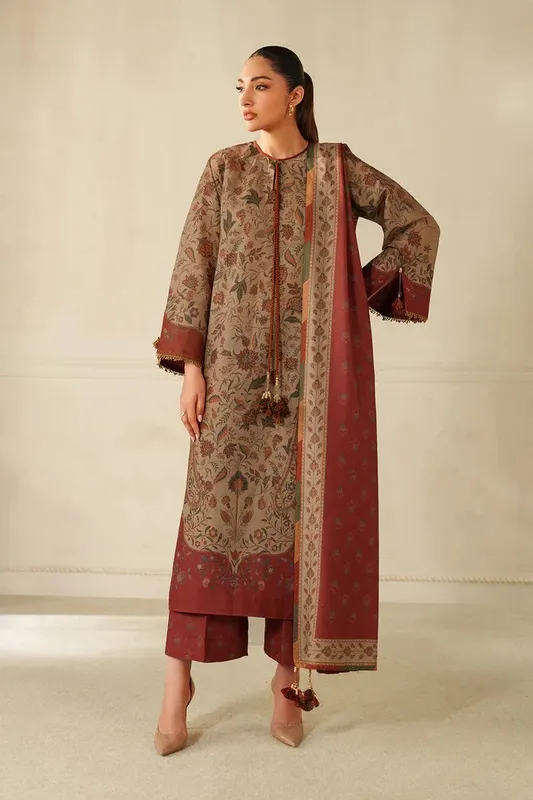 Baroque Luxury Pret 25 Coffee Pashmina – view 1 – Poshaq