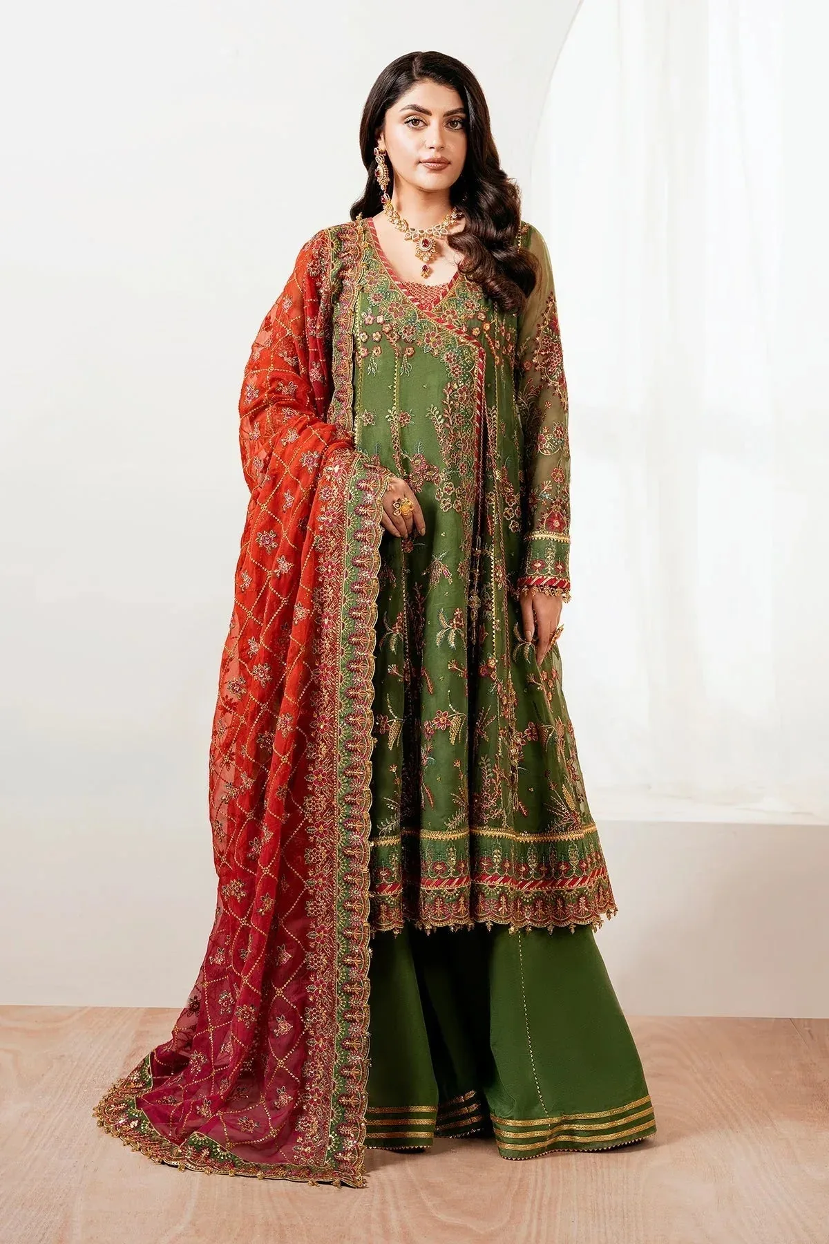 Baroque Formal Collection Deep Olive Green Organza – view 1 – Poshaq