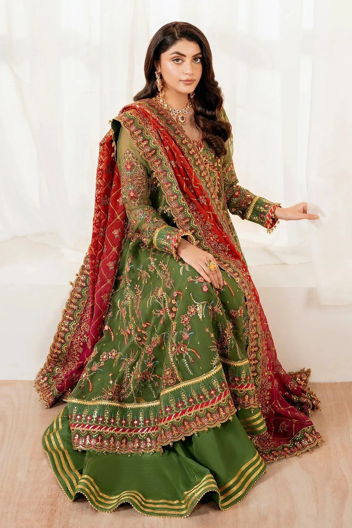 Baroque Formal Collection Deep Olive Green Organza – view 6 – Poshaq