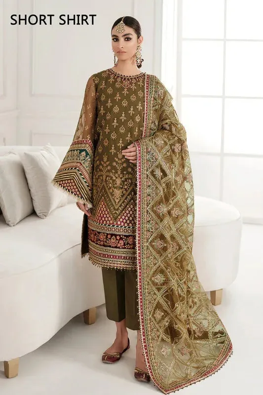 Baroque Luxury Collection Mehndi Chiffon – view 1 – Poshaq
