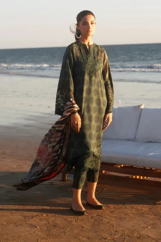 Baroque Luxury Pret 25 Olive Green Silk – view 1 – Poshaq