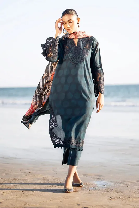 Zinc long shirt with silk dupatta and lawn trouser – view 1 – Poshaq