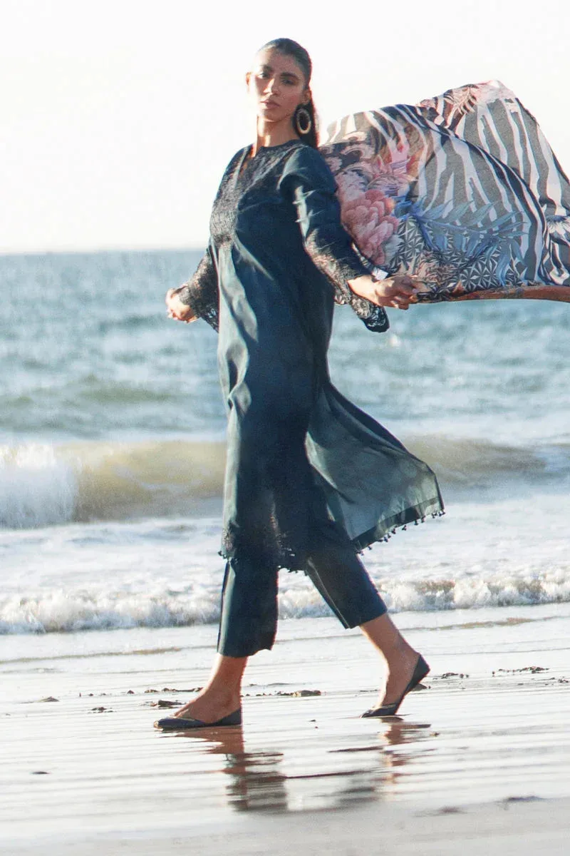 Zinc long shirt with silk dupatta and lawn trouser – view 6 – Poshaq