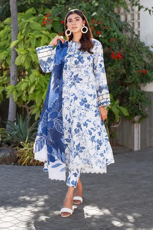 White three‑piece set with silk dupatta and lawn shirt – view 1 – Poshaq