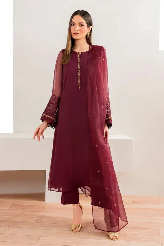 Baroque Luxury Pret 24 Maroon Chiffon – view 1 – Poshaq