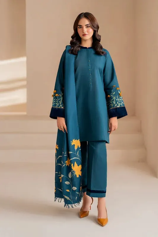 Baroque Luxury Pret 24 Deep Teal Khaddar – view 1 – Poshaq