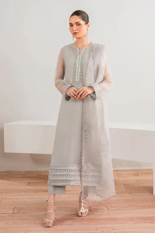 Baroque Luxury Pret 24 Pastel Gray Organza – view 1 – Poshaq