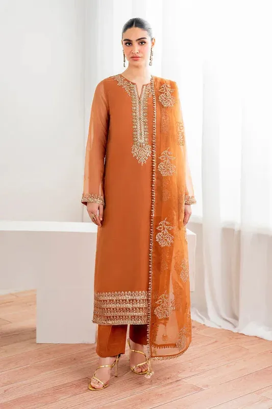 Baroque Luxury Pret 24 Rust Organza – view 1 – Poshaq
