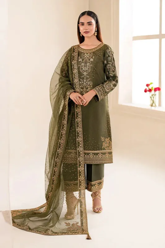 Baroque Luxury Formals 24 Mehndi Raw Silk – view 1 – Poshaq