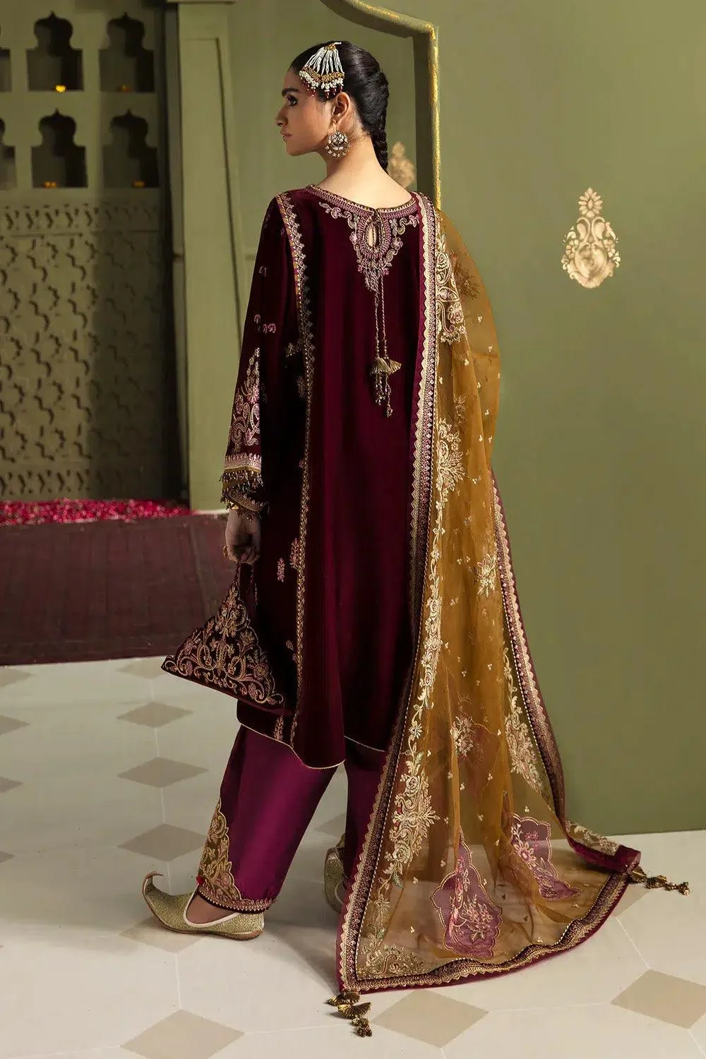 Baroque Jahanara Luxury Velvet 23 Maroon Organza – view 1 – Poshaq
