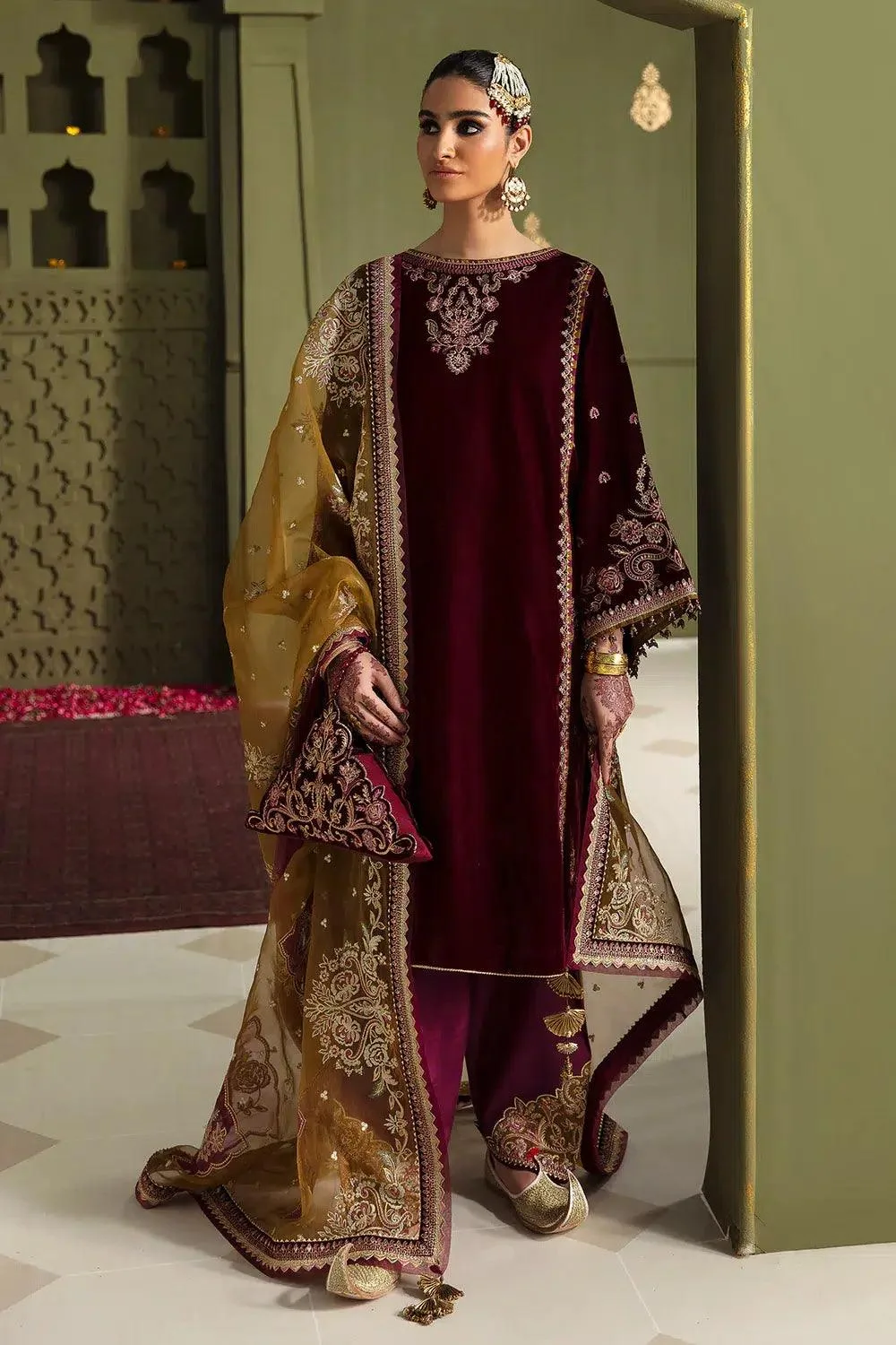 Baroque Jahanara Luxury Velvet 23 Maroon Organza – view 2 – Poshaq