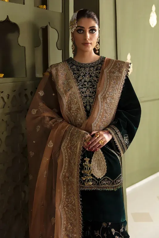 Baroque Jahanara Luxury Velvet 23 Bottle Green Organza – view 1 – Poshaq