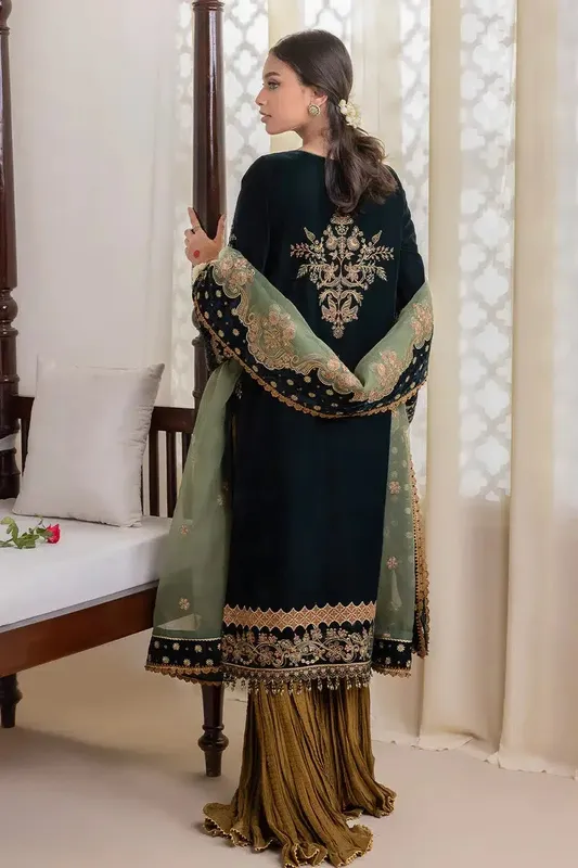 Baroque Jahanara Luxury Velvet 23 Bottle Green Organza – view 1 – Poshaq