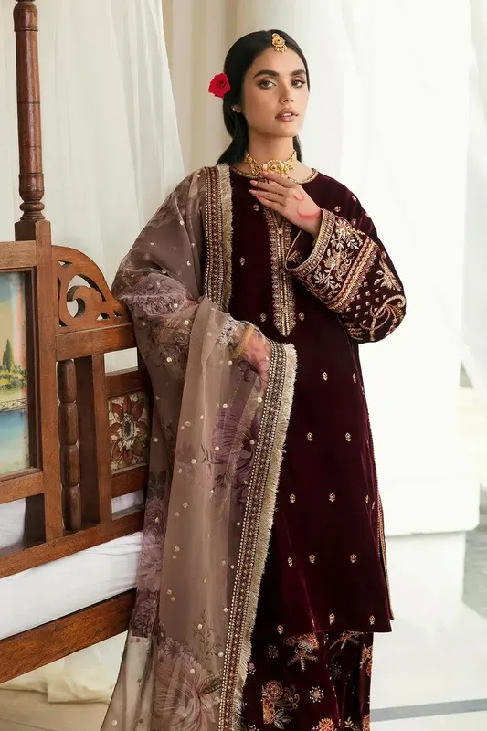 Baroque Jahanara Luxury Velvet 23 Maroon Organza – view 1 – Poshaq