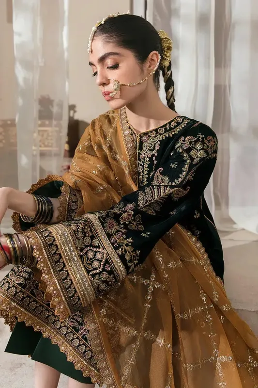 Baroque Jahanara Luxury Velvet 23 Bottle Green Organza – view 1 – Poshaq