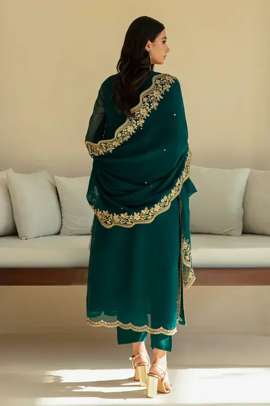 Baroque Formals Collection Bottle Green Chiffon – view 1 – Poshaq