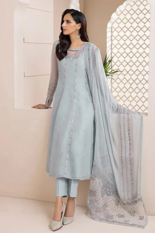 Grey formal dress with organza neckline and chiffon sleeves – view 1 – Poshaq