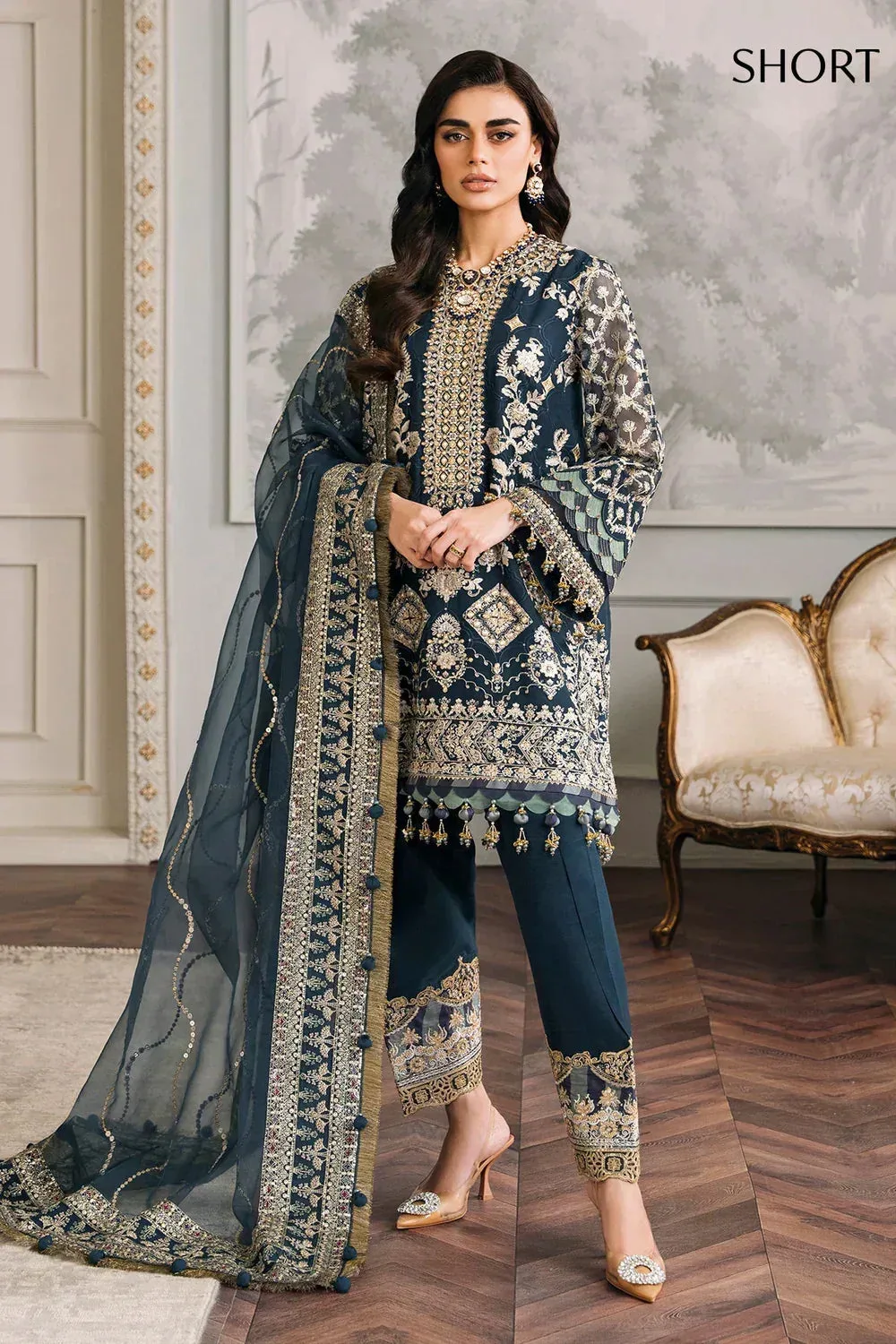 Baroque Chantelle Embroidered Collection Teal Organza – view 2 – Poshaq