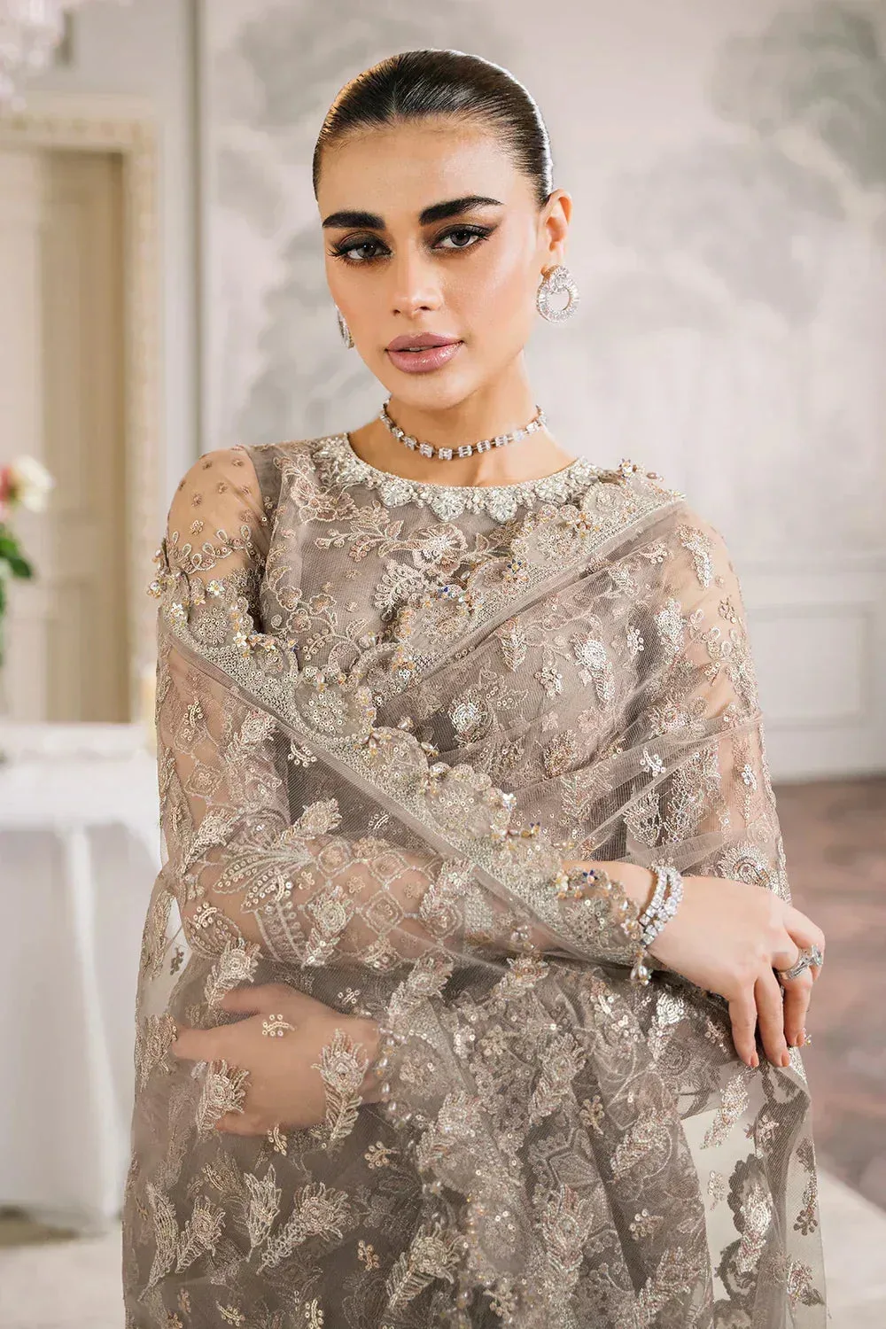 Baroque Chantelle Embroidered Collection Beige Organza – view 10 – Poshaq