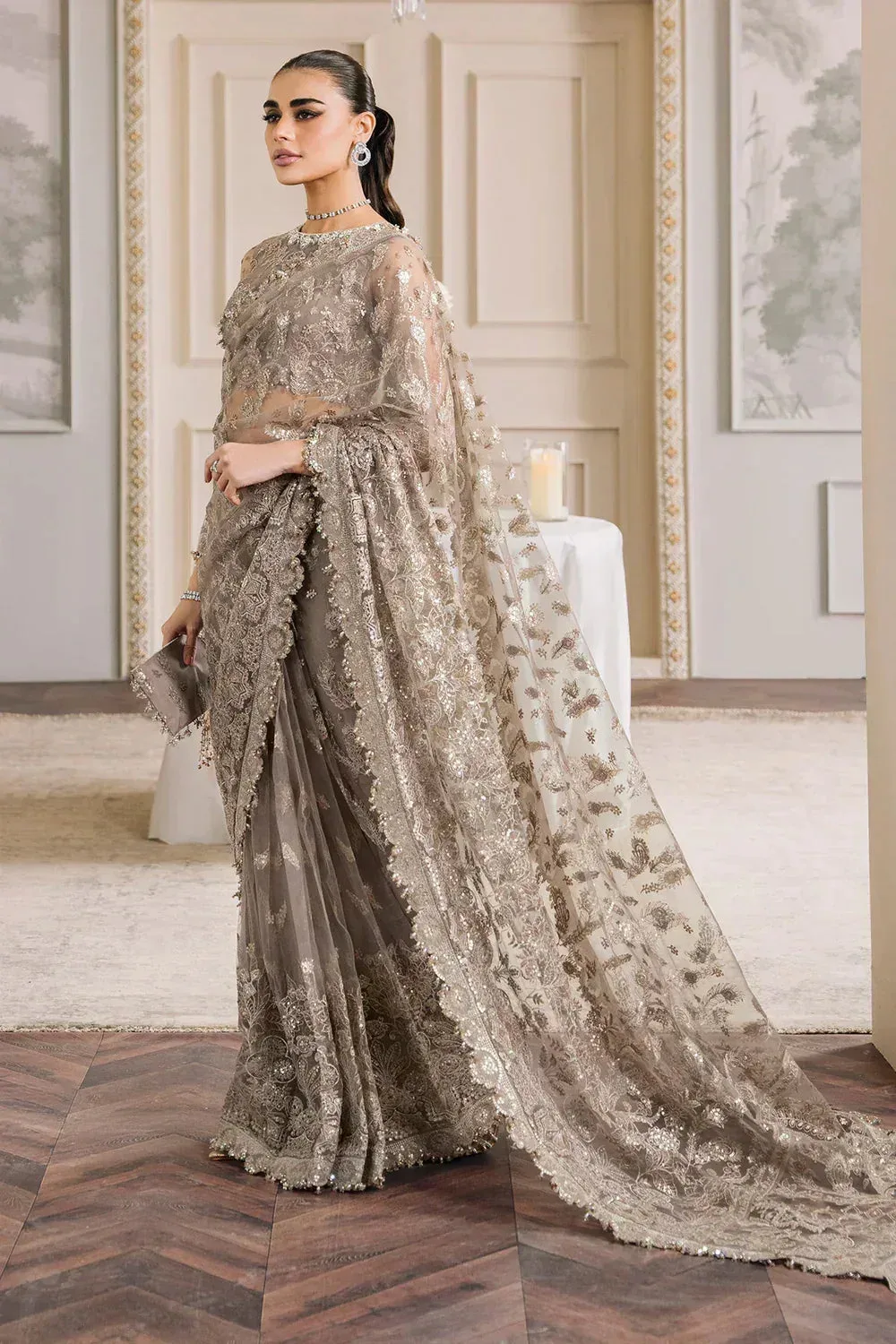 Baroque Chantelle Embroidered Collection Beige Organza – view 12 – Poshaq