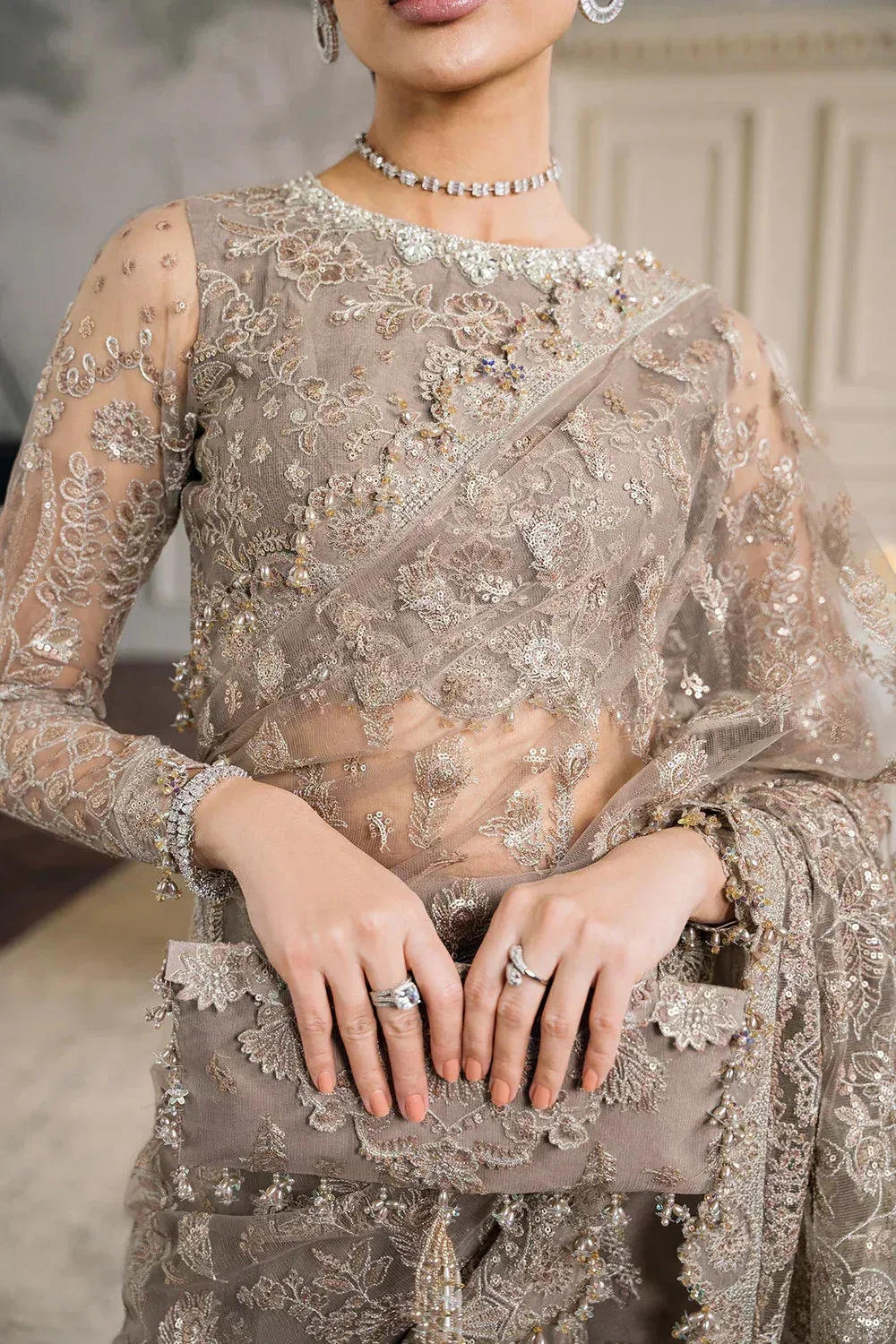 Baroque Chantelle Embroidered Collection Beige Organza – view 14 – Poshaq