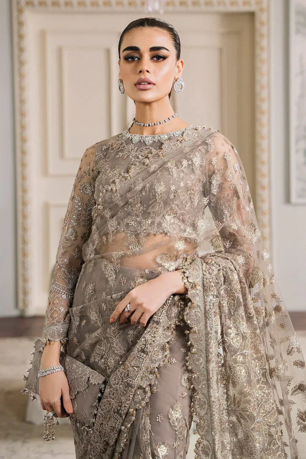 Baroque Chantelle Embroidered Collection Beige Organza – view 16 – Poshaq