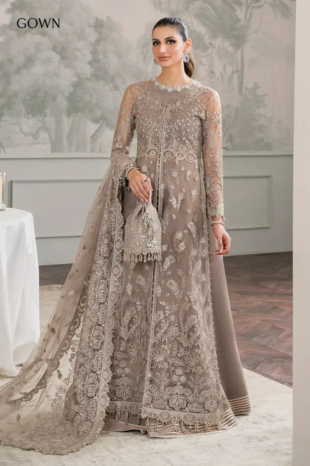 Baroque Chantelle Embroidered Collection Beige Organza – view 3 – Poshaq