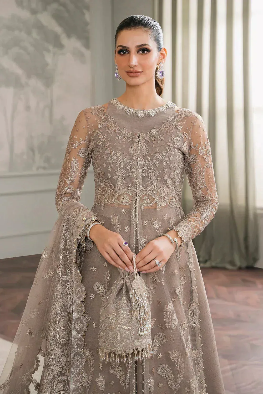 Baroque Chantelle Embroidered Collection Beige Organza – view 5 – Poshaq