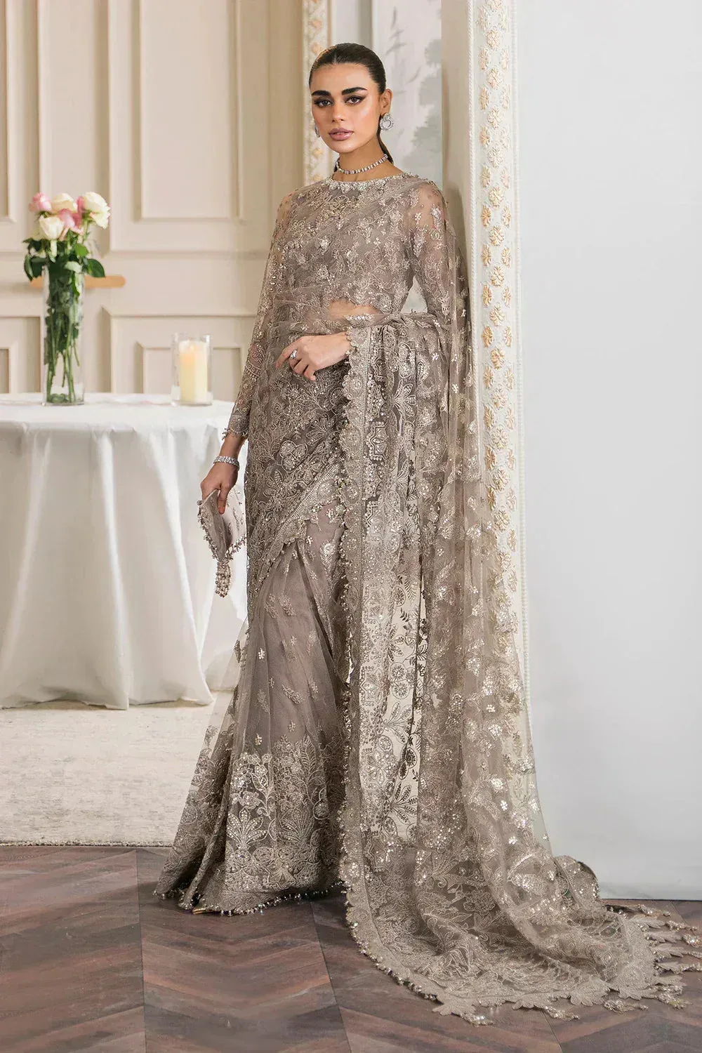 Baroque Chantelle Embroidered Collection Beige Organza – view 7 – Poshaq