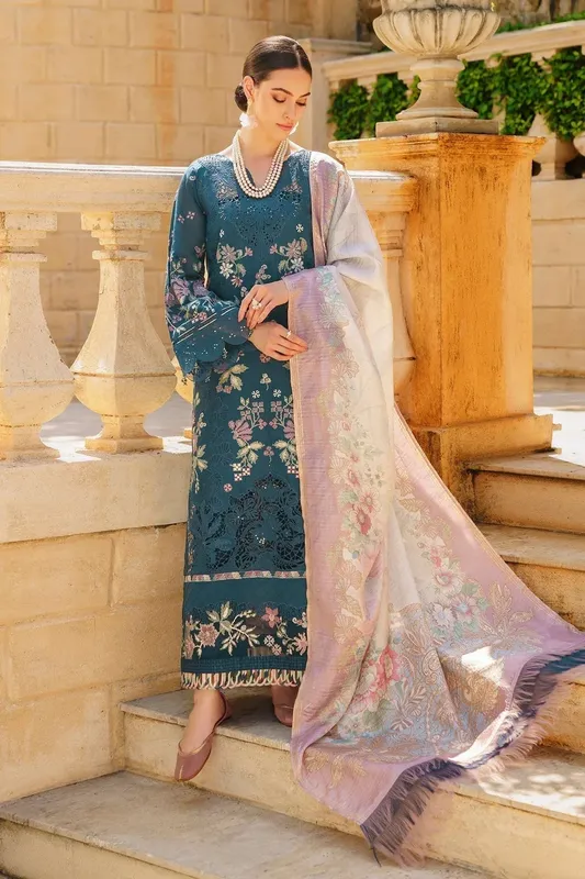 Baroque Swiss Lawn 24 Teal Organza – view 1 – Poshaq