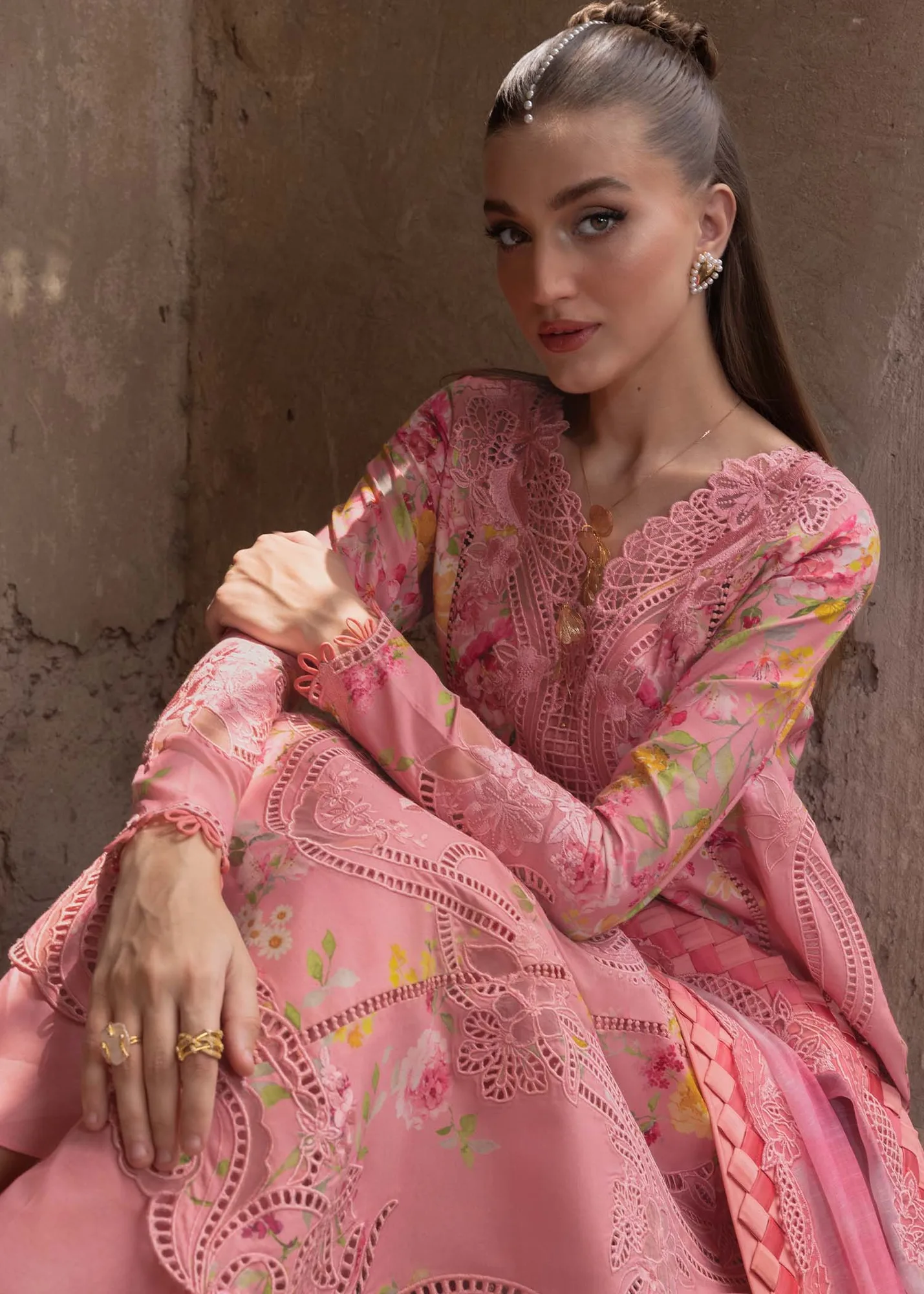 Crimson Tasawar 25 Rose Pink Organza – view 4 – Poshaq