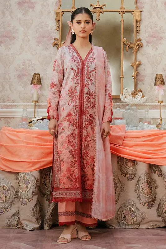 Ayzel Armelia Printed Lawn 25 Salmon Pink Organza – view 1 – Poshaq