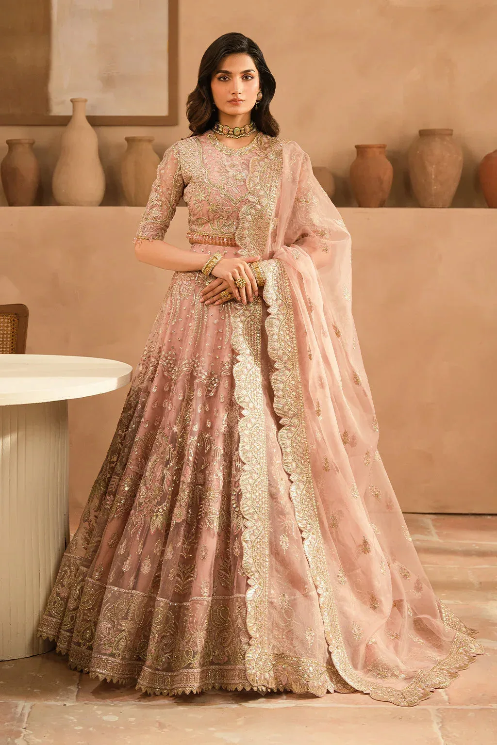 Pink bridal lehnga choli set with raw silk trousers and embroidered organza dupatta – view 1 – Poshaq