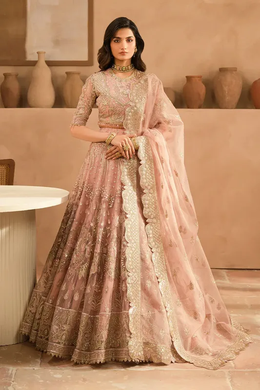 Pink bridal lehnga choli set with raw silk trousers and embroidered organza dupatta – view 1 – Poshaq