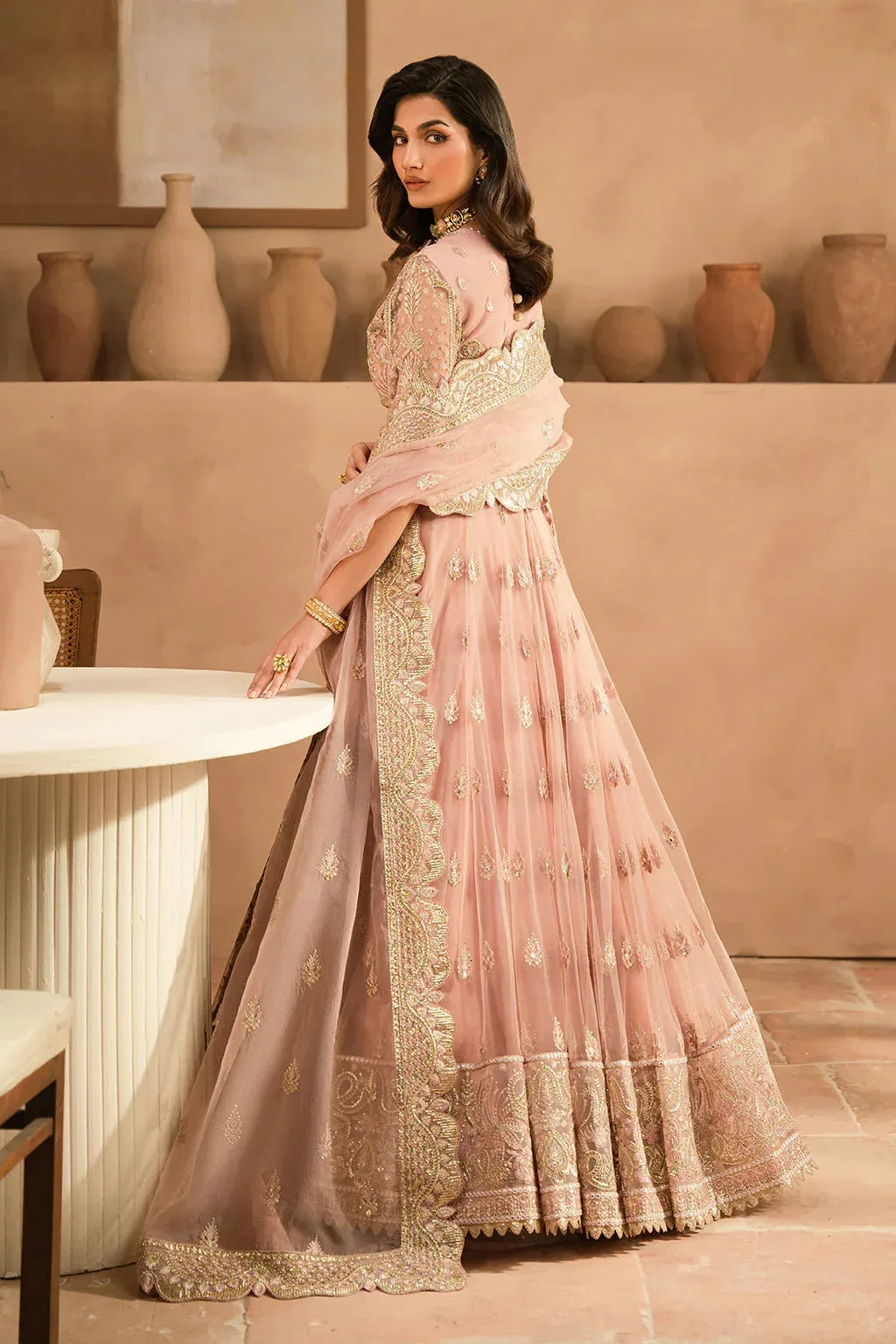 Pink bridal lehnga choli set with raw silk trousers and embroidered organza dupatta – view 2 – Poshaq