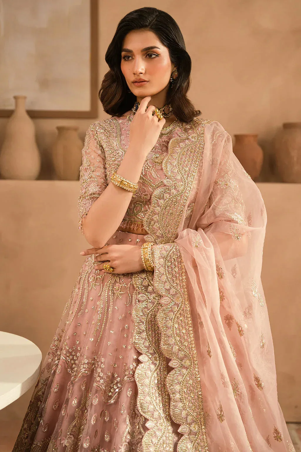 Pink bridal lehnga choli set with raw silk trousers and embroidered organza dupatta – view 3 – Poshaq