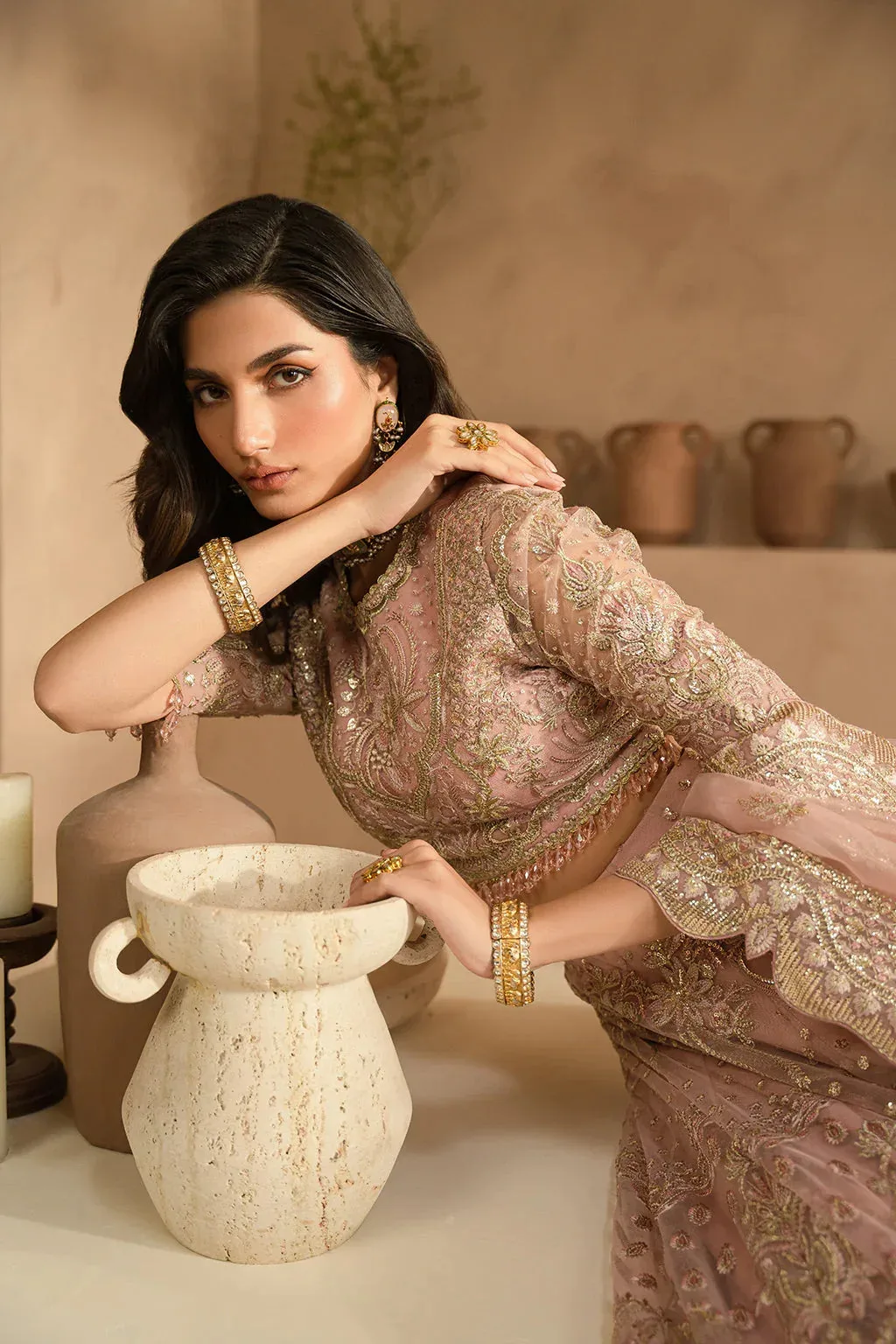 Pink bridal lehnga choli set with raw silk trousers and embroidered organza dupatta – view 4 – Poshaq