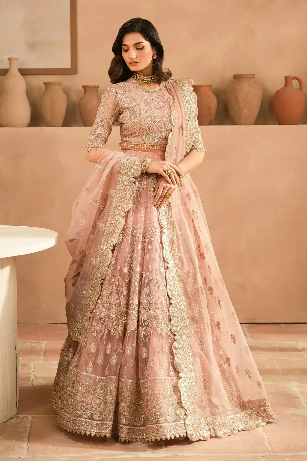 Pink bridal lehnga choli set with raw silk trousers and embroidered organza dupatta – view 5 – Poshaq