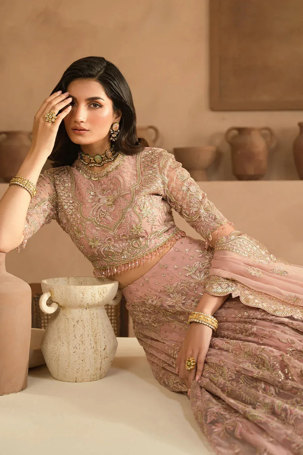 Pink bridal lehnga choli set with raw silk trousers and embroidered organza dupatta – view 6 – Poshaq