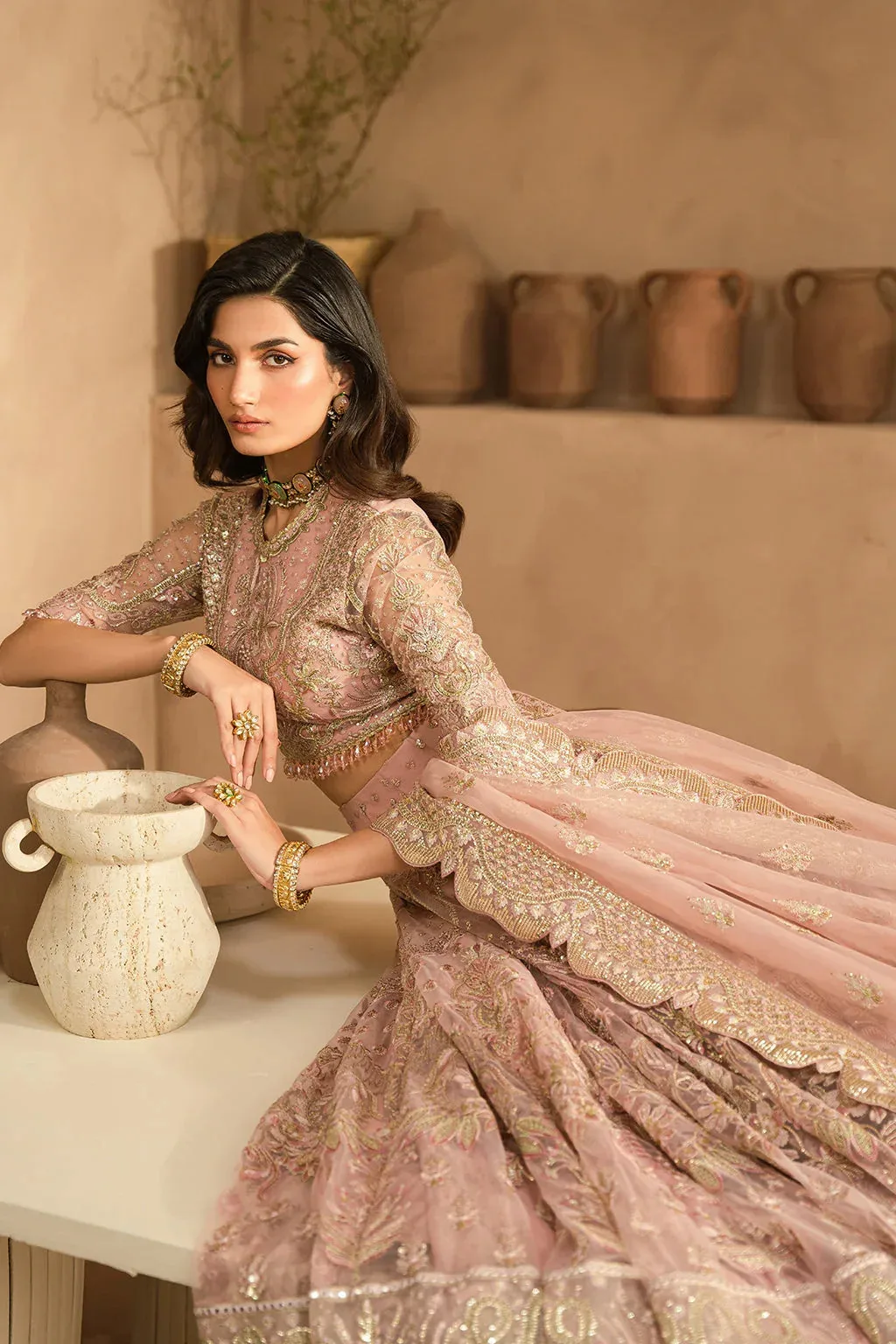 Pink bridal lehnga choli set with raw silk trousers and embroidered organza dupatta – view 7 – Poshaq