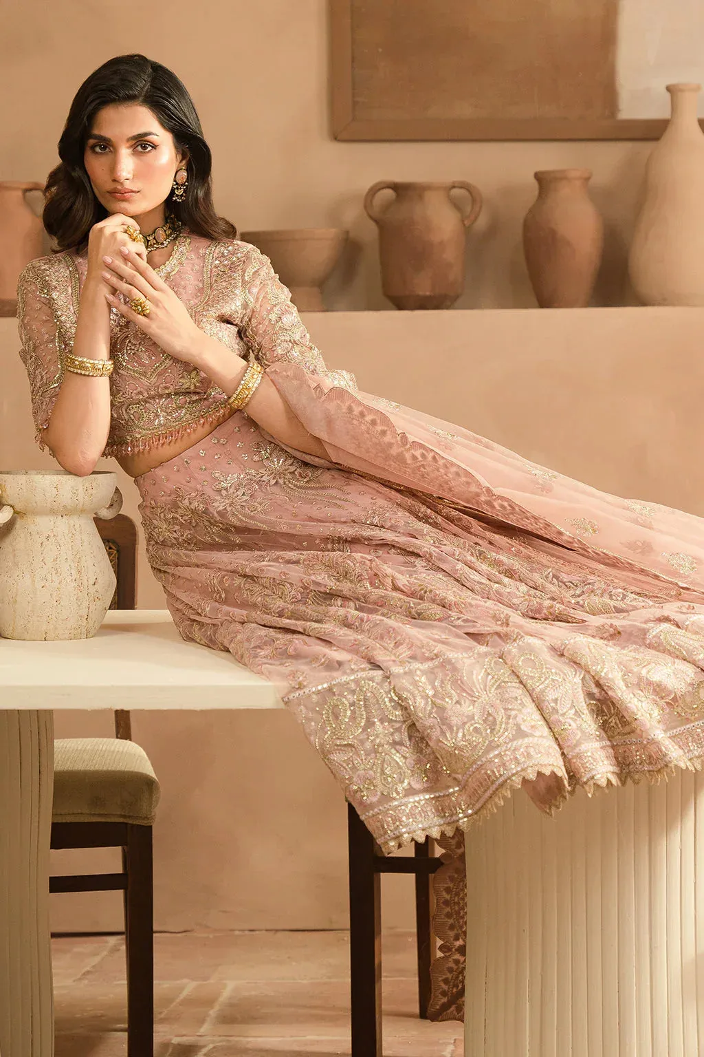Pink bridal lehnga choli set with raw silk trousers and embroidered organza dupatta – view 8 – Poshaq