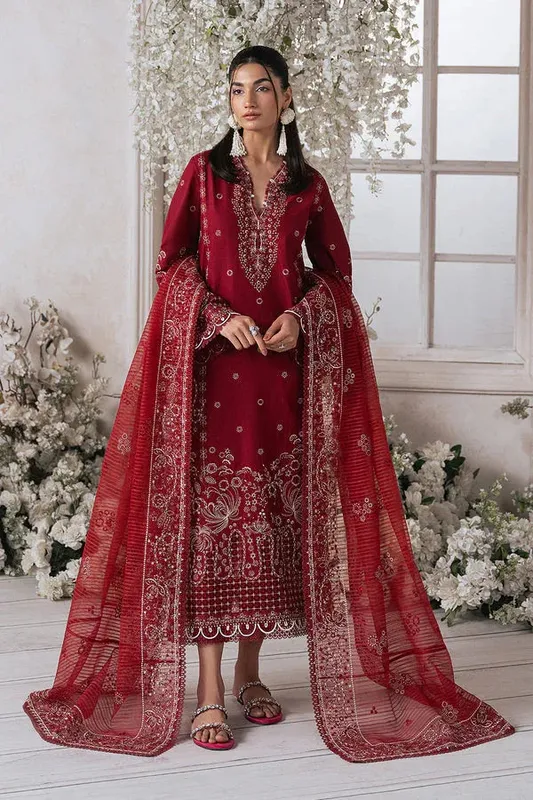 Ayzel Eudora Luxury Lawn 24 Maroon Organza – view 1 – Poshaq