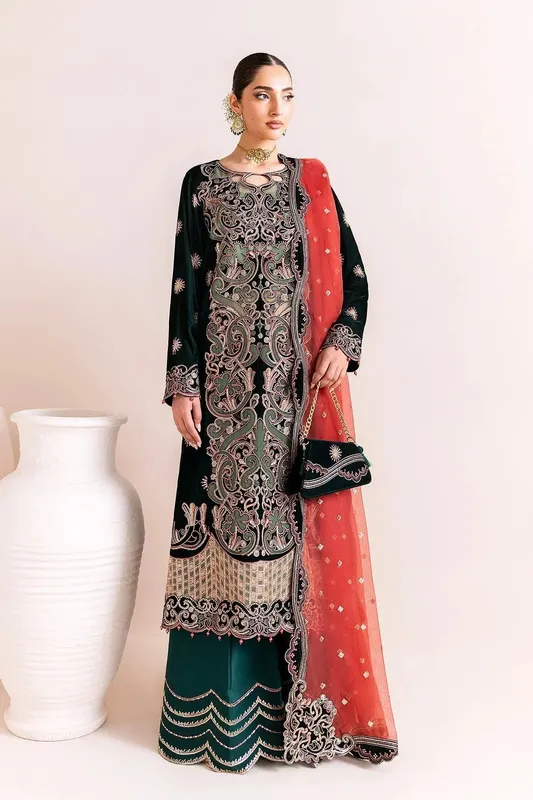 Alizeh Makhmal Luxury Velvet Edit Deep Teal Organza – view 1 – Poshaq