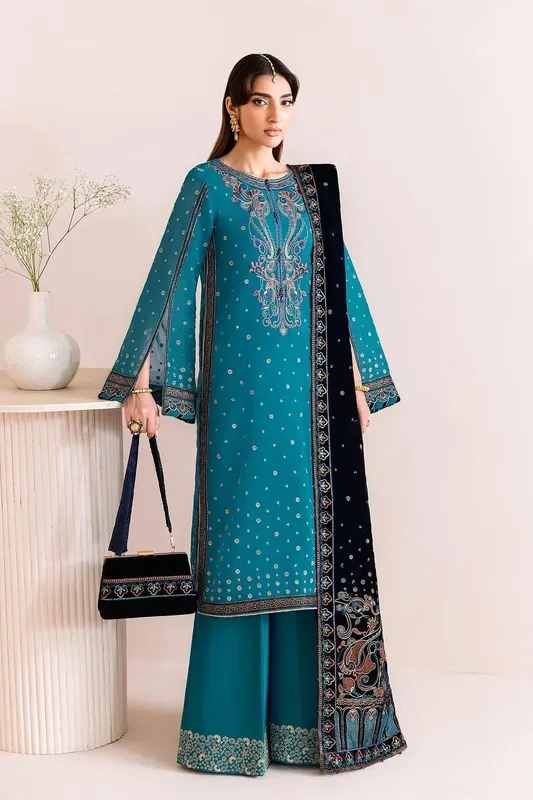 Alizeh Makhmal Luxury Velvet Edit Teal Blue Chiffon – view 1 – Poshaq