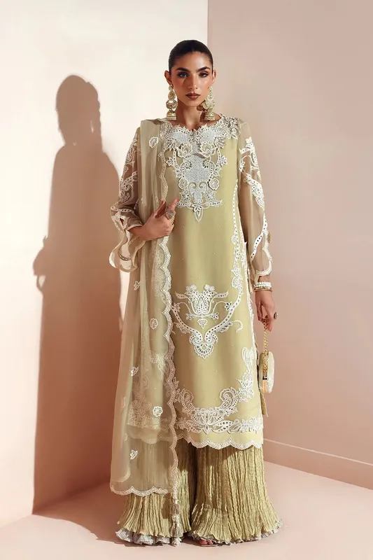 Alizeh Aymal Luxury Bamber Chiffon Pistachio Green Raw Silk – view 1 – Poshaq
