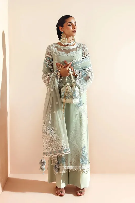 Alizeh Aymal Luxury Bamber Chiffon Sea Green Raw Silk – view 1 – Poshaq