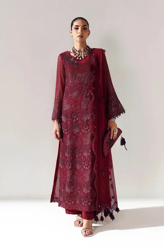 Alizeh Aymal Luxury Bamber Chiffon Maroon Organza – view 1 – Poshaq