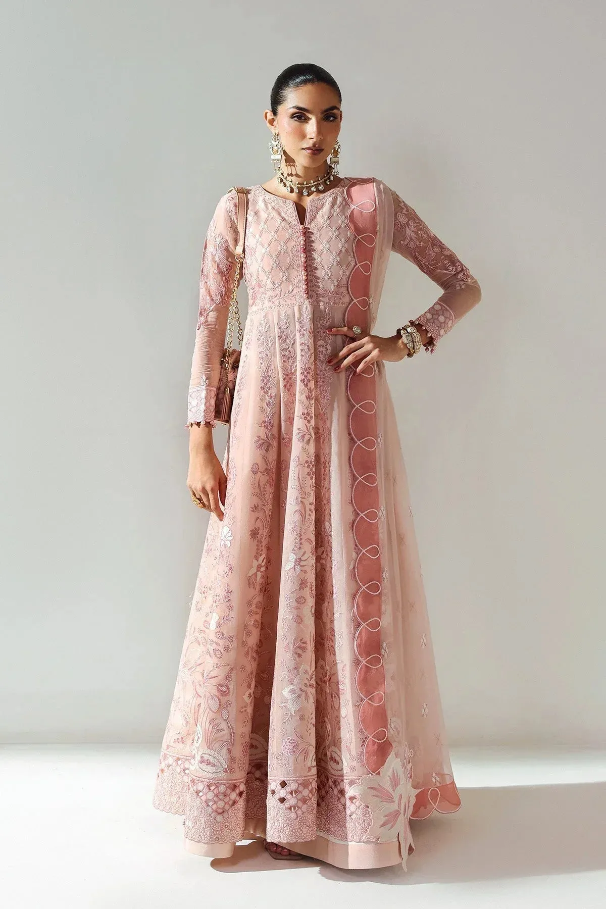 Alizeh Aymal Luxury Bamber Chiffon Tea Pink Raw Silk – view 1 – Poshaq