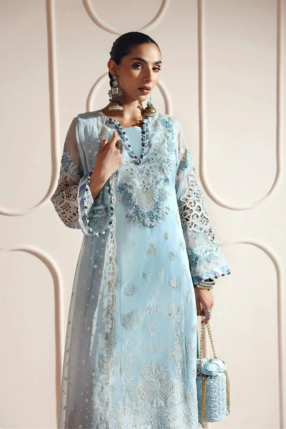 Alizeh Aymal Luxury Bamber Chiffon Light Blue Organza – view 3 – Poshaq