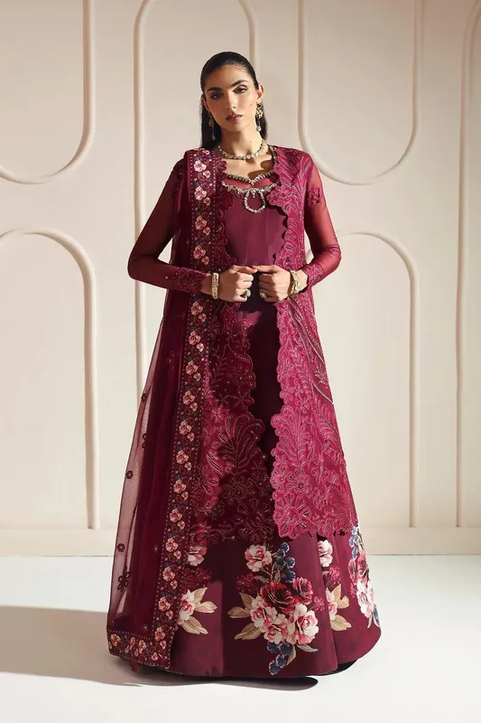 Alizeh Aymal Luxury Bamber Chiffon Wine Raw Silk – view 1 – Poshaq